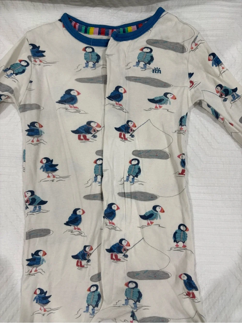 Magnetic Me Cream Puffin Print Footed One-Piece Pajamas with Blue Trim